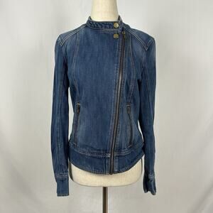 Gap Biker Moto Denim Jacket Womens S Y2K Band Collar Zipper Pockets